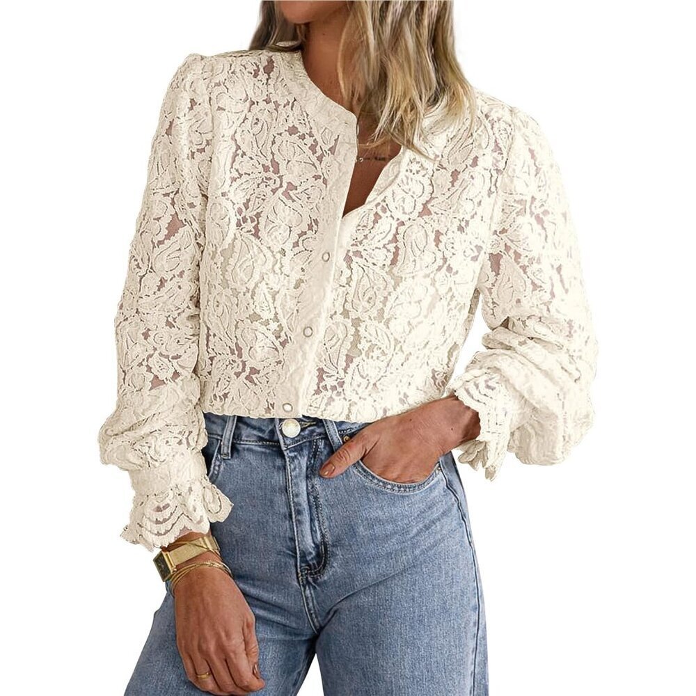 Women's Lace Blouse Long Sleeve Button Up Shirts Casual Dressy Tops